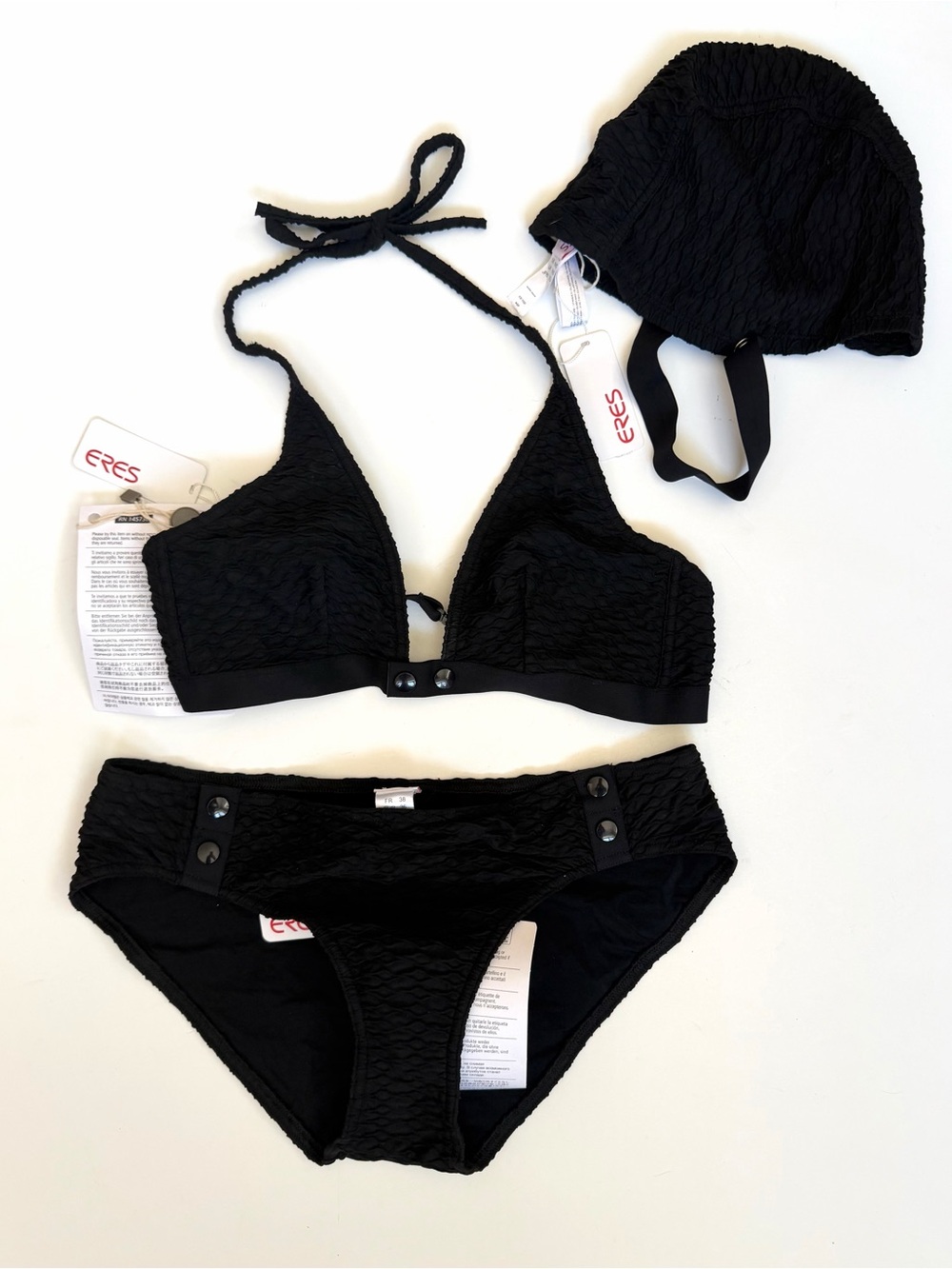 ERES Black Bikini Swimsuit Set Size 38 US 6 Halter Top Bottom Swim Cap NWT